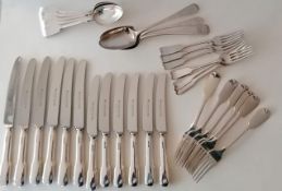 Three Georgian silver serving spoons, mixed dates/makers, initialled, each 22cm; a harlequin set