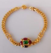 A gold plated choker with flat curb-links and central pendant with coloured stones, 36 cm, Chanel