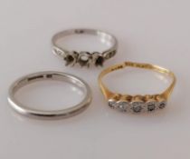 A platinum wedding band, a platinum ring without stones, sizes N, P and an 18ct yellow gold and