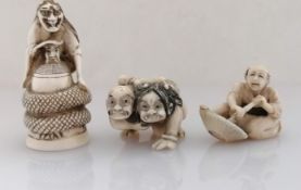 A 19th century bone netsuke in the form of Kiyohime and the temple bell, from the legend of Kiyohime