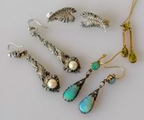 A pair of Art Deco opal drop earrings with diamond decoration, each tear drop opal 14mm x 8mm, on