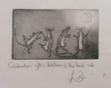 Julian Williams (b.1953), CELEBRATION AFTER BUTCHERING THE LOCAL CAT, aquatint, signed, framed and m