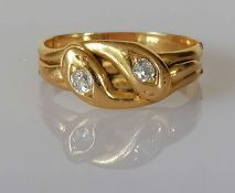 A Victorian yellow metal diamond-set snake ring, comprising two rings interlocked