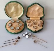 Three Edwardian rose and yellow gold gem-set tie pins, stamped 14k, 4g, three others unmarked