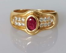 A ruby and diamond-set ring, the oval mixed-cut medium coloured ruby, 5.6mm x 3.8mm, 0.39 carat,