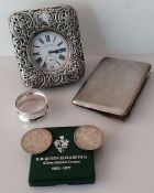 A Victorian silver-mounted travel clock with pierced and embossed trellis, scrolls and foliage by Wi