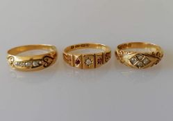 Three Victorian yellow gold diamond-set rings