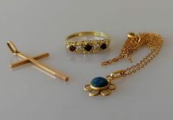 A Victorian yellow gold ruby and diamond ring in a carved navette setting