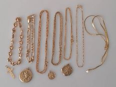 A selection of 9ct gold jewellery to include two bracelets, four neck chains (all clasps good)