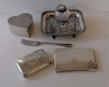 A late Victorian silver inkstand with single bottle, gadronned rim and seaweed etched decoration on