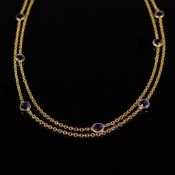 Amethyst-Kette, 925 Silber in 585/14K Gelbgold vergoldet, 7,5g, lange Charleston-Kette mit natürlic