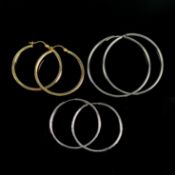3 Paar Creolen, ein Paar schlichte Form, 585/14K Weißgold (punziert), 1,62g, Durchmesser 4,7cm, ein