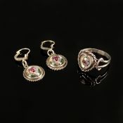 Schmuck-Set, 3 Teile, Ohrringe punziert 835, je mit runden Elementen, diese mit kleinen emaillierte