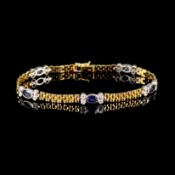Saphir-Diamant-Armband, 750/18K Gelb- und Weißgold (punziert), 18,43g, besetzt mit 5 oval facettier