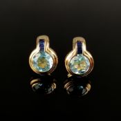 Exklusive Topas Saphir Ohrstecker, 750/18K Gelbgold (punziert), 11,93g, mittig je facettierter rund