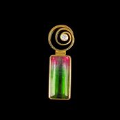 Designer Goldschmiede Turmalin Anhänger, 750/18K Gelbgold (punziert), 11,6g, oberer Teil als Spiral