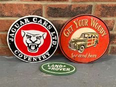 Two Cast Iron Jaguar and Land Rover Signs and Tin Woody Sign (3)