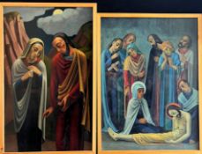Leo STECK (1883-1960), 2 Gemälde: Vielfigurige Beweinung Christi, in diversen Blau- und Rottönen,