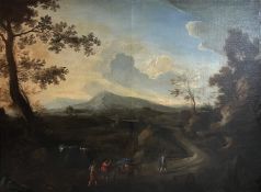 Unbekannter Künstler, 17./18. Jh., Große Landschaft mit Bäumen und Wanderern, Öl/Lwd,