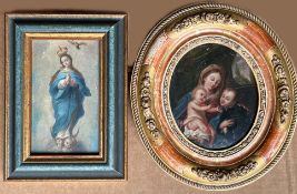 Zwei religiöse Kleinstbilder: Maria und der Jesusknabe mit einem Stifter, Öl/Holz, oval, 11,5 x 9,