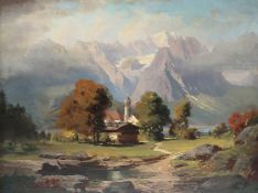 Unbekannter Künstler, Blick auf Zugspitze und Waxenstein (Wettersteingebirge), Öl auf Holzplatte, 27