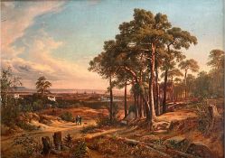 Johann Anton Castell (1810-1867), Blick auf Dresden im Abendrot, zwei Wanderer mit Hund, die des