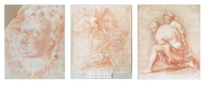 Drei Rötel-Zeichnungen: Kopf eines Putto mit geöffnetem Mund, die Augen nach oben gerichtet, dat.