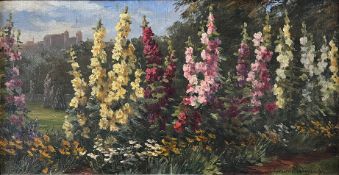 Helene Paula von Pausinger (1871-1956), Rittersporn in einem Garten, im Hintergrund eine Burg,