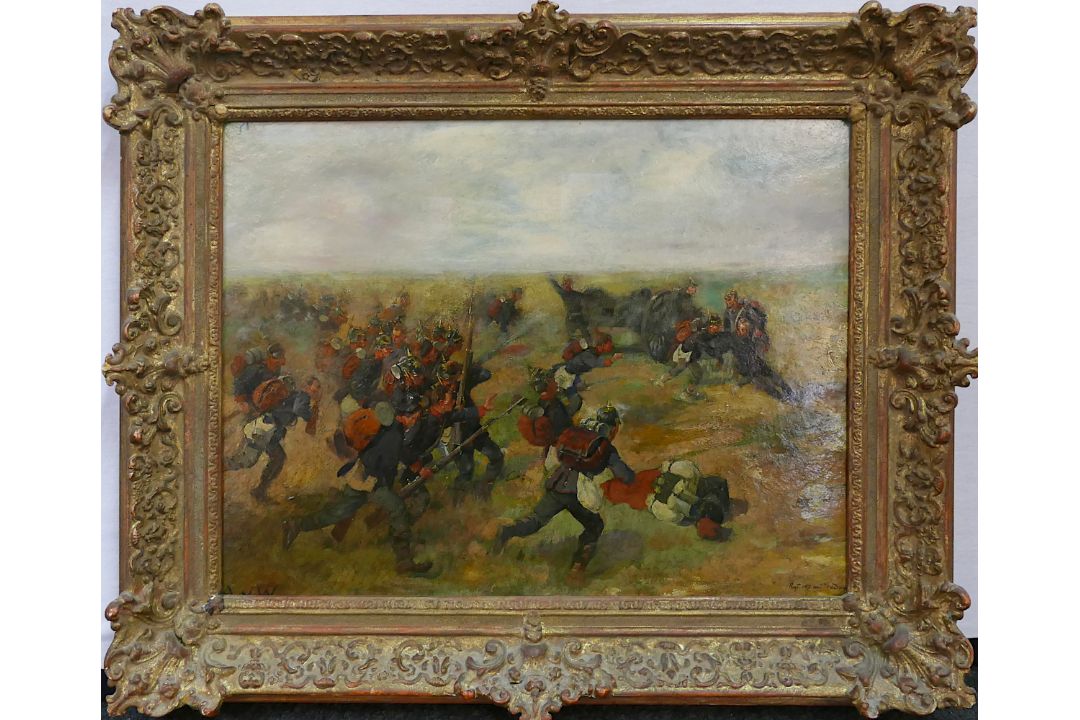 1 Ölgemälde l.u. monogr./rücks. bez. Anton VON WERNER (wohl 1843 Frankfurt-1915 Berlin) "Angriff des - Bild 2 aus 6