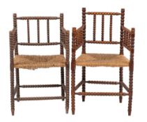 Two Dutch bobbin-turned hardwood elbow chairs, 19th century,
