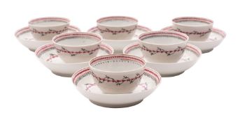 A set of six Newhall hard-paste teabowls and saucers decorated in pattern 122 with puce husk chains