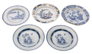A group of English delftware plates variously painted in the Chinese manner, 23cm [damage to all] 5.