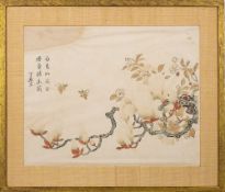 After Ding Yingzong (Chinese, active ca 1700-1750) woodblock print, Magnolia and Bees: 28 x 34.