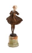 After Ferdinand Preiss, a bronze and ivory Art Deco figure of a young girl with outstretched skirt,