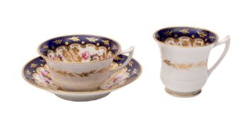 An English porcelain trio painted with single pink roses and floral bouquets within gilt borders