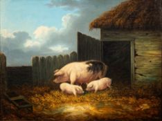 Manner of George Morland (1763-1804) A sow and two piglets outside a rustic barn,