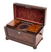 A Regency period burr yew tea caddy of sarcophagus outline,