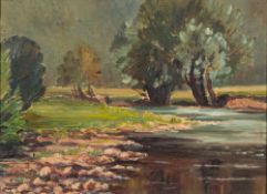 Follower of Alfred Thornton (1863-1939) river landscape, a sketch oil on board 26 x 36cm.