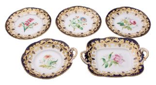 An English porcelain part dessert service, either Ridgway or Alcock comprising an oval dish,