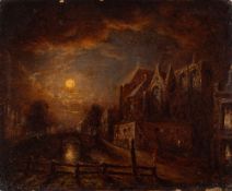Dutch School (19th century) A moonlit canal scene with the Oude Kerk, Amsterdam,