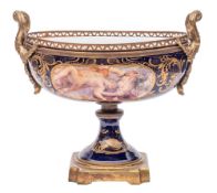 A Sèvres-style gilt-metal mounted earthenware oval jardiniere/centrepiece decorated with gilt