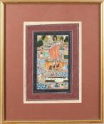 A Mughal watercolour depicting a king under a canopy in a garden setting,