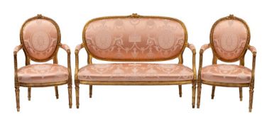 A salon suite of giltwood and upholstered seat furniture in Louis XVI taste,