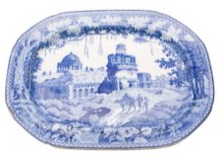 A John Rogers & Son blue and white pottery meat dish transfer printed with a view of Monopteros or
