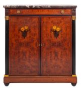 A burr walnut, marquetry and marble topped side cabinet in early Art Deco style, probably French,