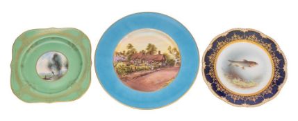 Two Royal Worcester porcelain plates and an Aynsley named fish plate,