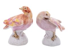 A pair of small porcelain models of finches in the Bow manner one preening its feathers,