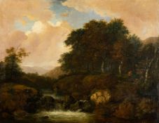 Attributed to William Traies (British, 1789-1872) Fisherman at an upland pool oil on canvas 69.