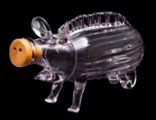 A novelty pale amethyst glass flask in the form of a wild boar with ribbed flanks and tooled
