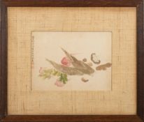 After Ma Quan, a watercolour depicting fungi and fruit mounted, framed and glazed 20 x 27cm.